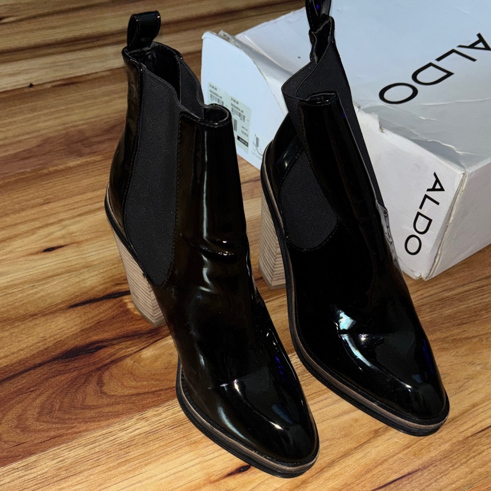 Aldo Glossy Patent Leather Black Heeled Boots